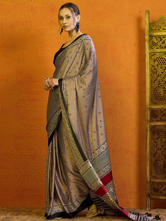 Rani Raiment Striped Satin Block Print Saree
