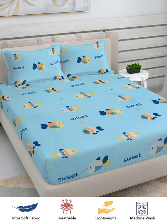 Rangloom Fabrics Blue Conversational Cotton Breathable 300 TC King Fine Bedsheet with 2 Pillow Covers
