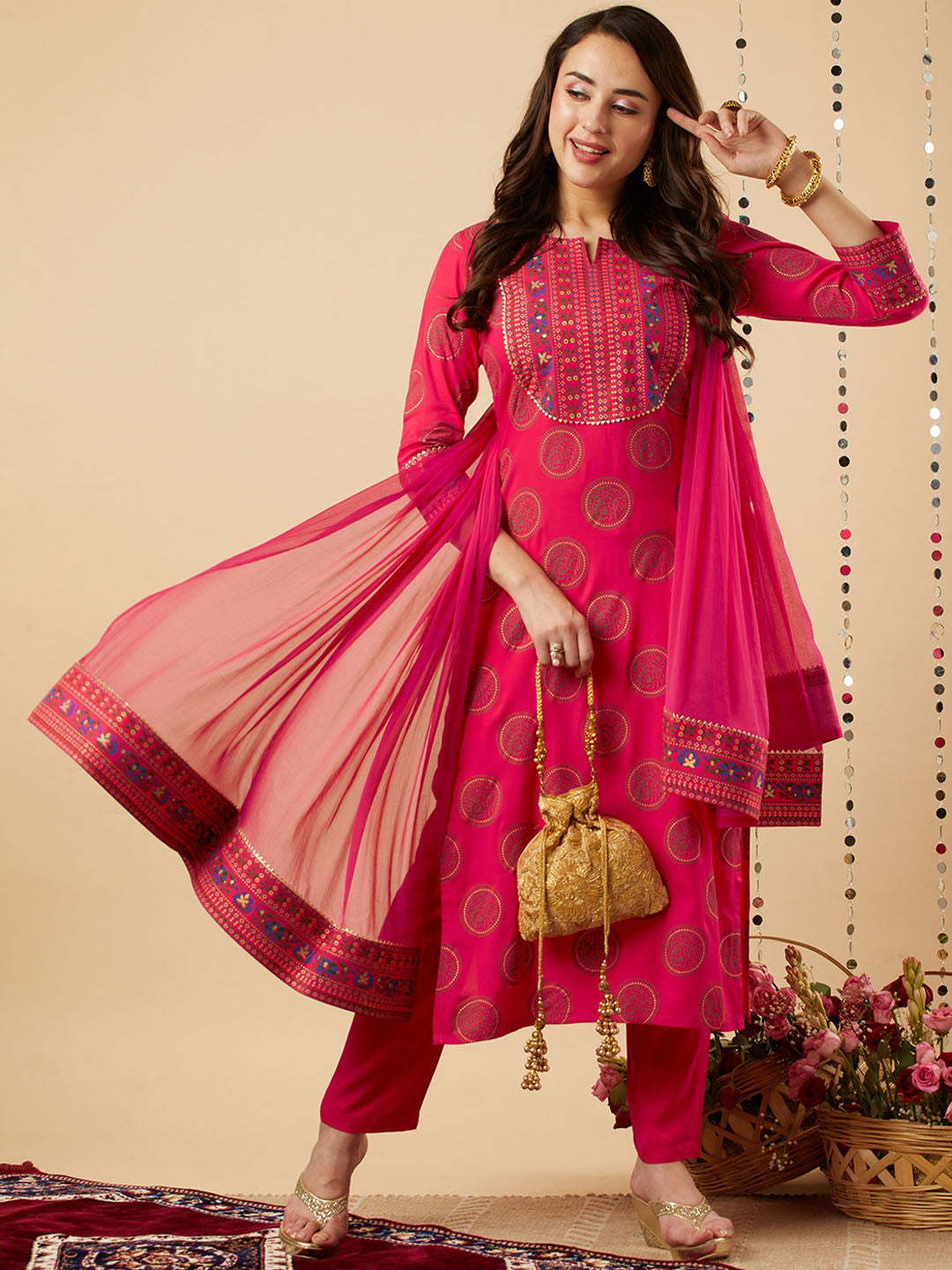 Rani Raiment Pink Ethnic Motifs Printed Gotta Patti Kurta With Trousers & Dupatta