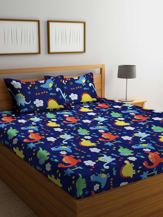 Rangloom Fabrics Navy Blue Graphic Cotton 300 TC King Fine Bedsheet with 2 Pillow Covers