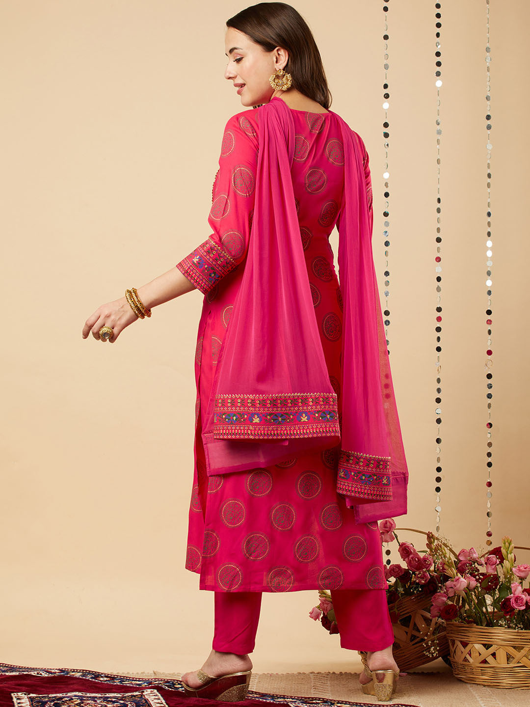 Rani Raiment Pink Ethnic Motifs Printed Gotta Patti Kurta With Trousers & Dupatta