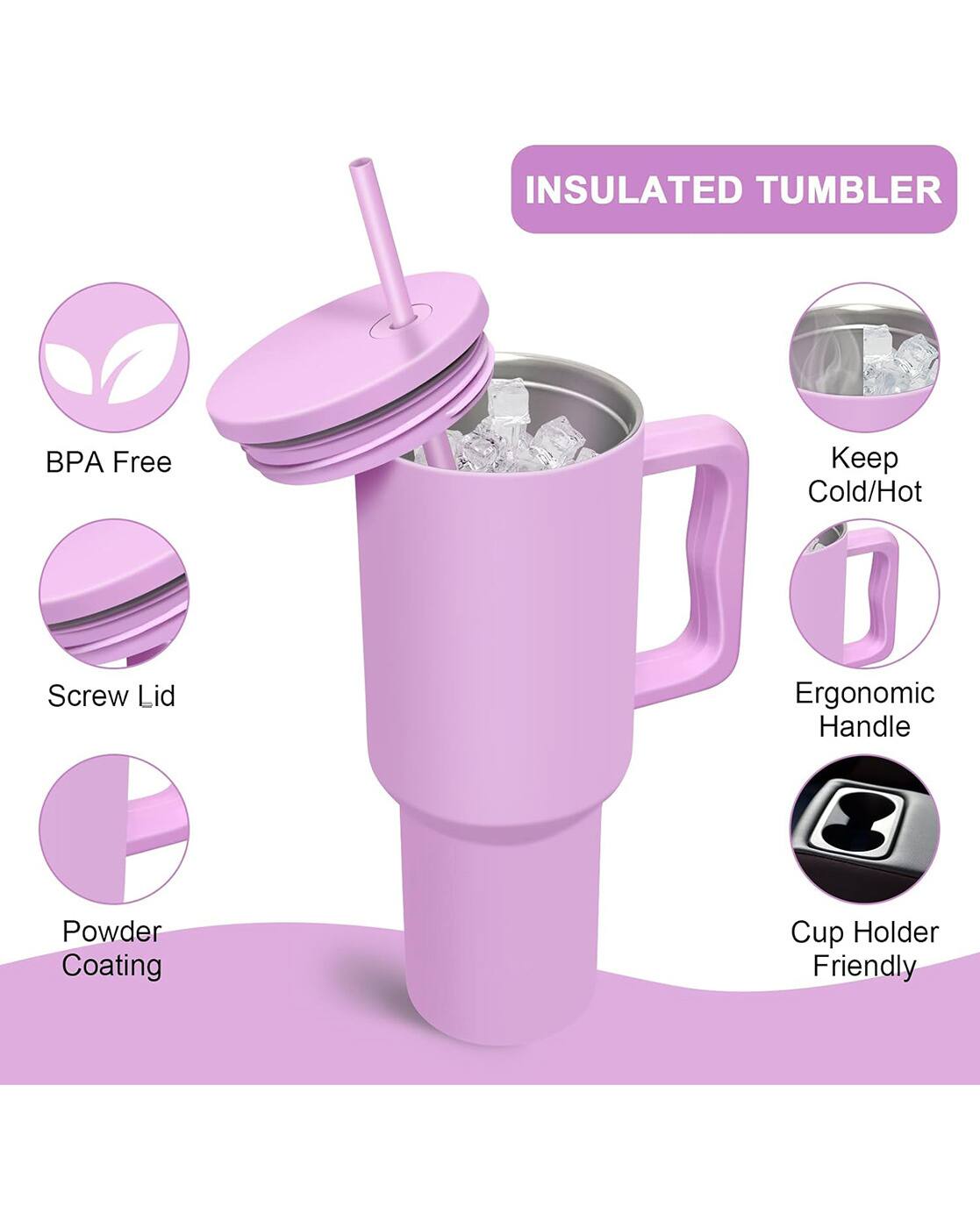 Double Insulated Tumbler with Handle & Straw Lid 40oz (Purple)
