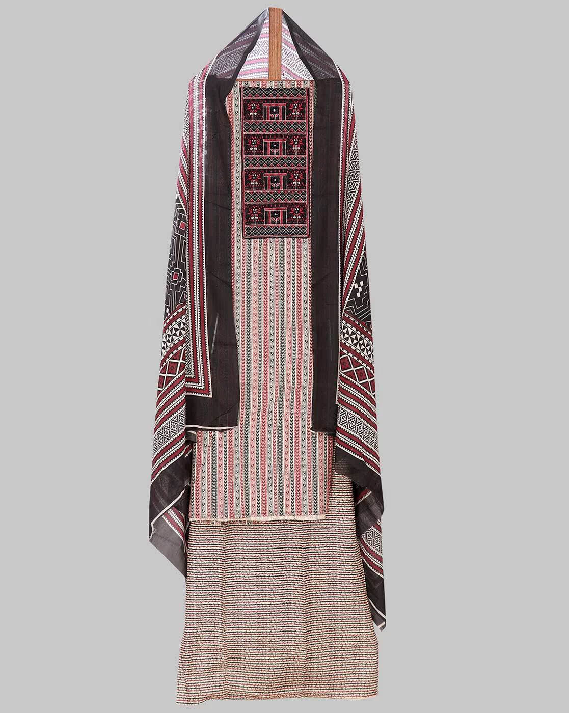 Striped Elegance Camric Cotton Embellished & Embroidered Unstitched Dress Material