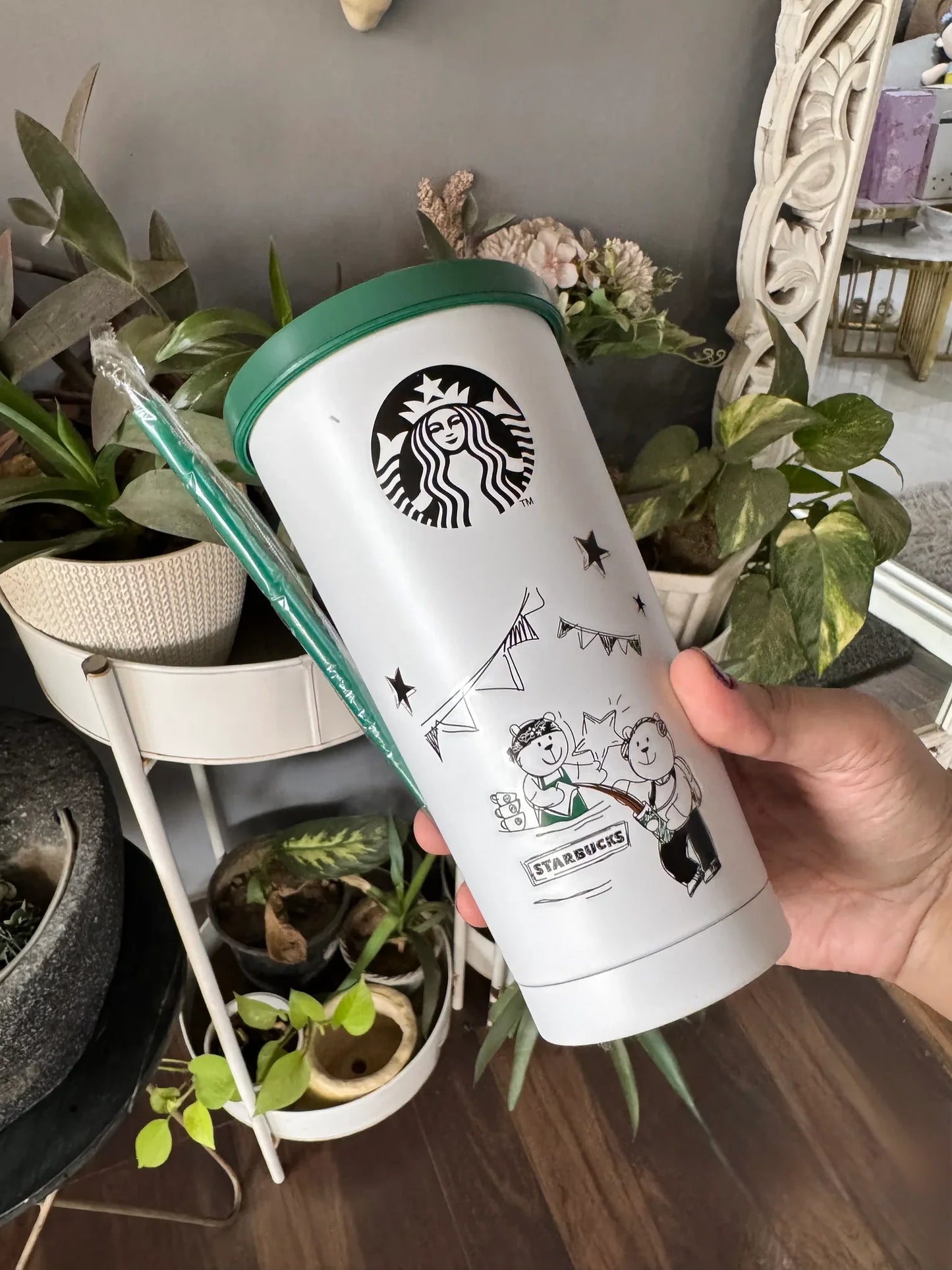 Starbucks Doodle Edition Stainless Steel Tumbler – 700ML with Green Lid & Straw