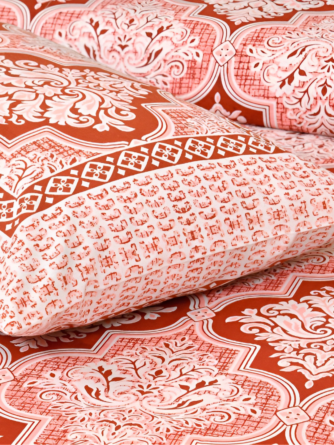 Rangloom Fabrics Peach Ethnic Motifs Cotton 210 TC King Fine Bedsheet with 2 Pillow Covers