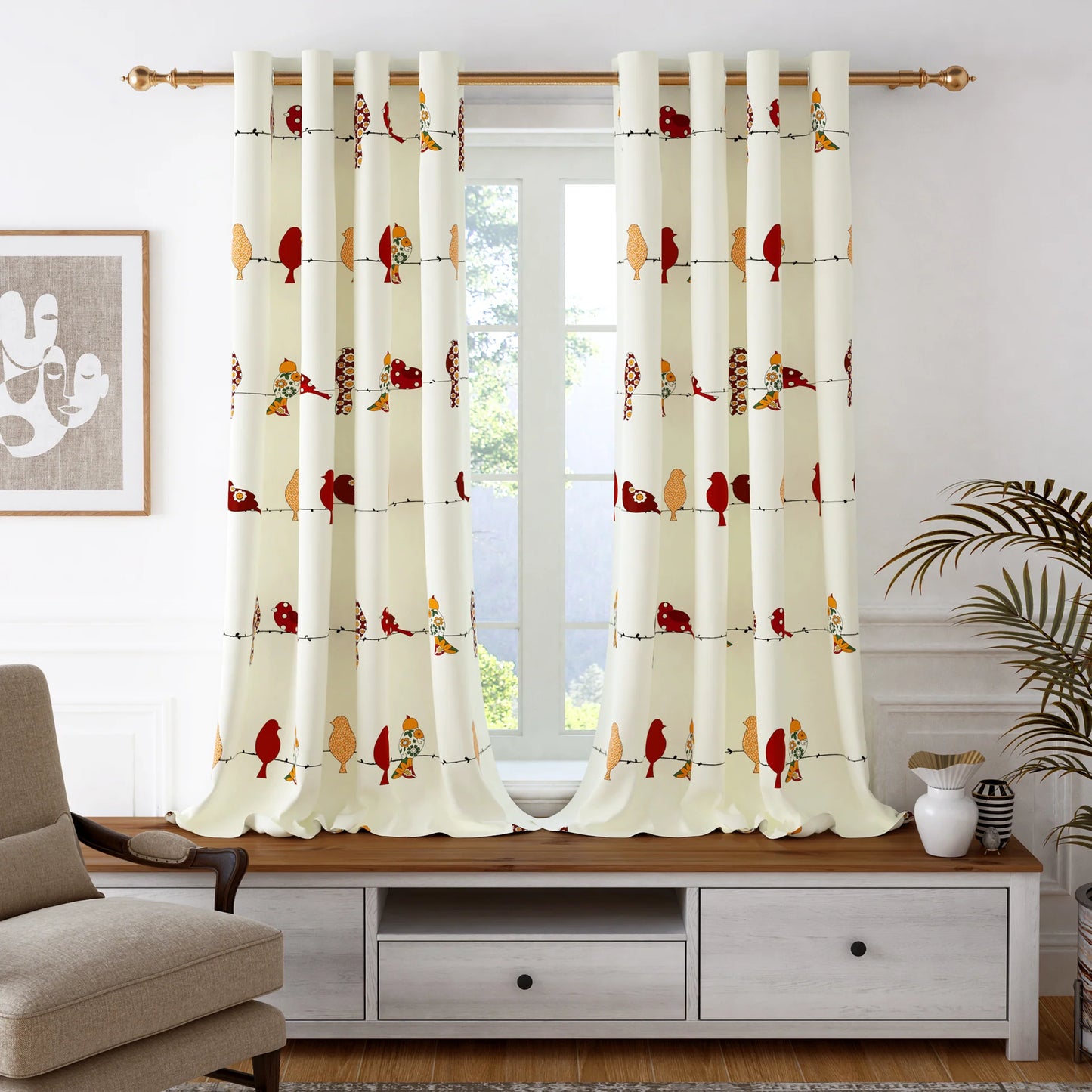 Eclectic Birds Printed Door Eyelet Curtain for Home Pack of 1