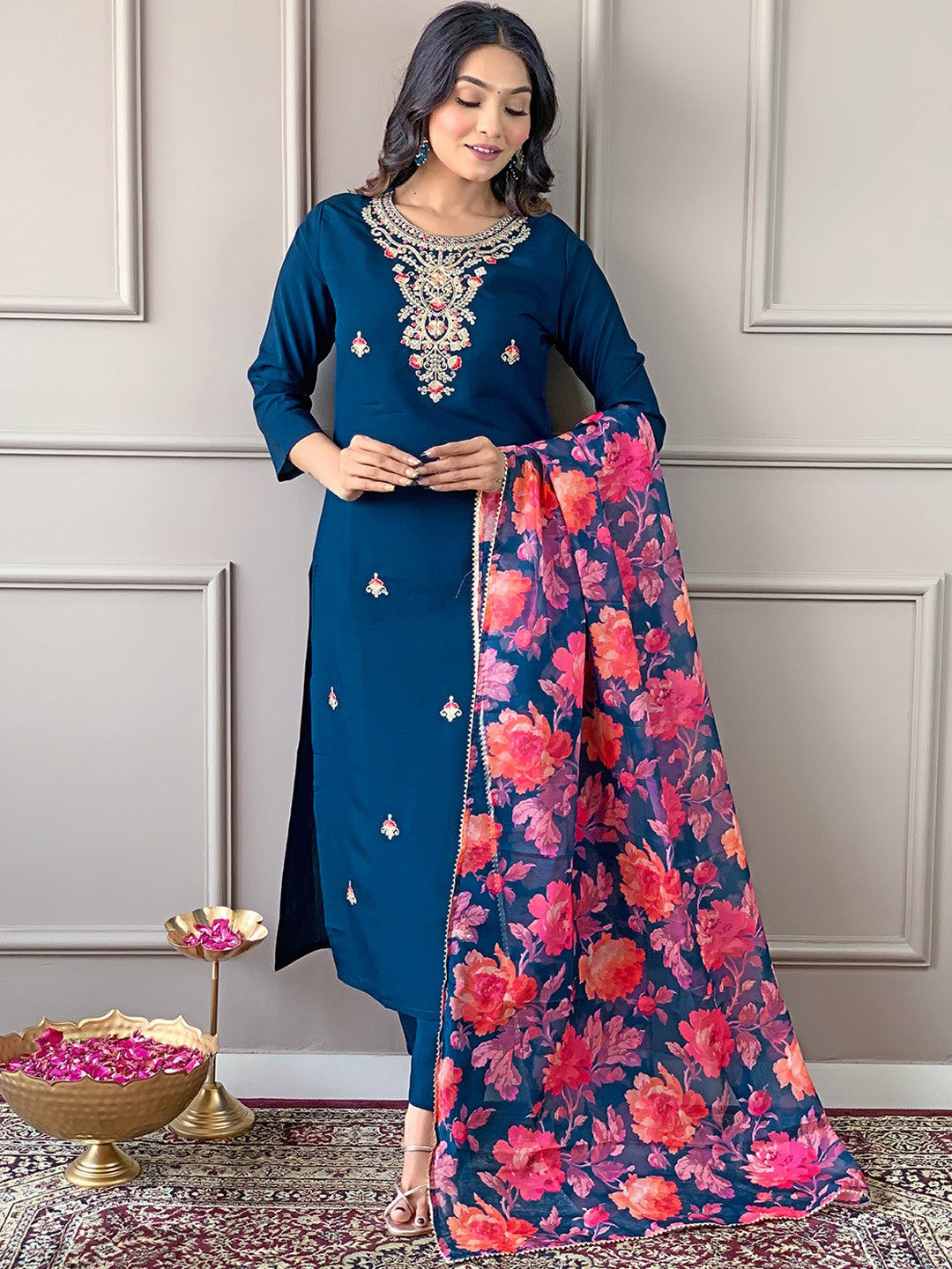 Rani Raiment Turquoise Blue Floral Embroidered Regular Thread Work With Trousers & Dupatta