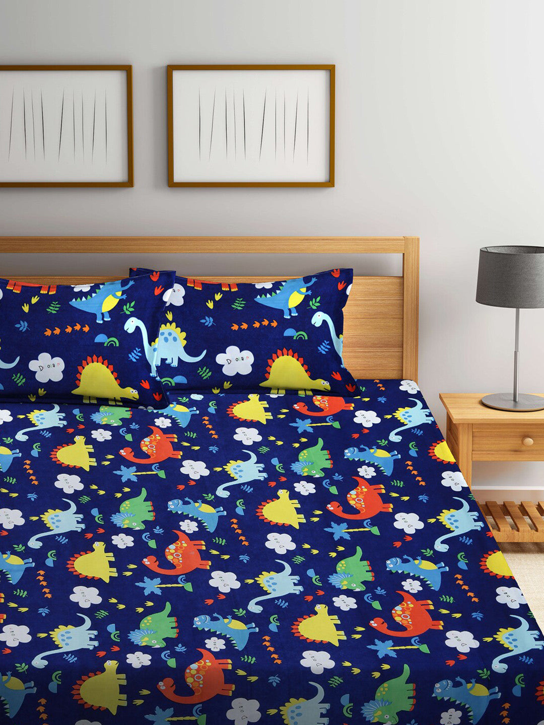 Rangloom Fabrics Navy Blue Graphic Cotton 300 TC King Fine Bedsheet with 2 Pillow Covers