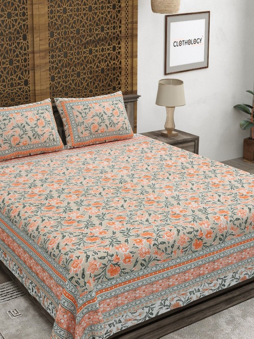 Rangloom Fabrics Orange Floral Pure Cotton 180 TC King Fine Bedsheet with 2 Pillow Covers-108 x 89 inches