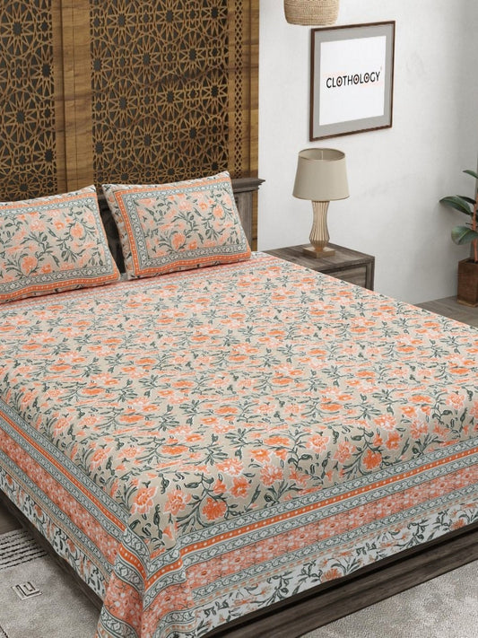 Rangloom Fabrics Orange Floral Pure Cotton 180 TC King Fine Bedsheet with 2 Pillow Covers-108 x 89 inches