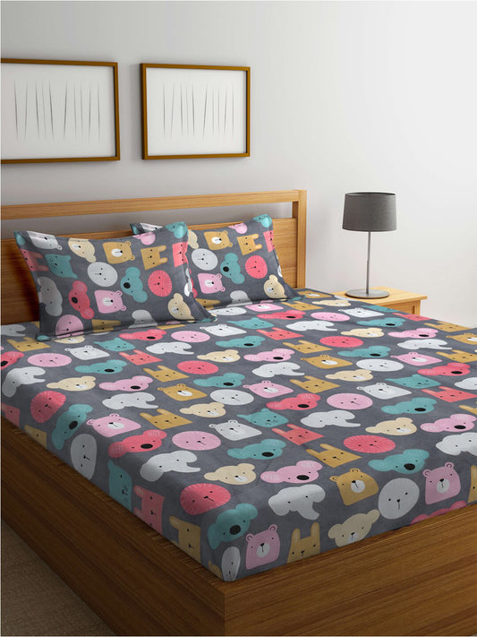 Rangloom Fabrics Blue Conversational Polycotton 300 TC King Fine Bedsheet with 2 Pillow Covers