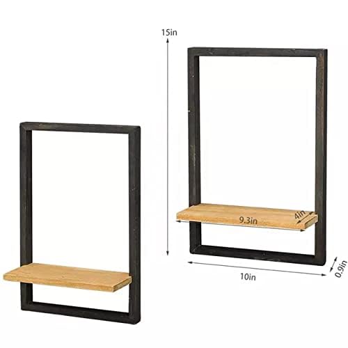 Wooden Floating Wall Shelf  for Bedroom Wooden Frame Shelves Set of 2 15x10 Inches Black