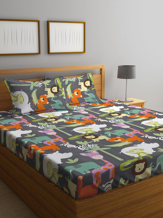 Rangloom Fabrics Grey Conversational Polycotton 300 TC King Fine Bedsheet with 2 Pillow Covers