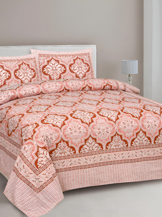 Rangloom Fabrics Peach Ethnic Motifs Cotton 210 TC King Fine Bedsheet with 2 Pillow Covers