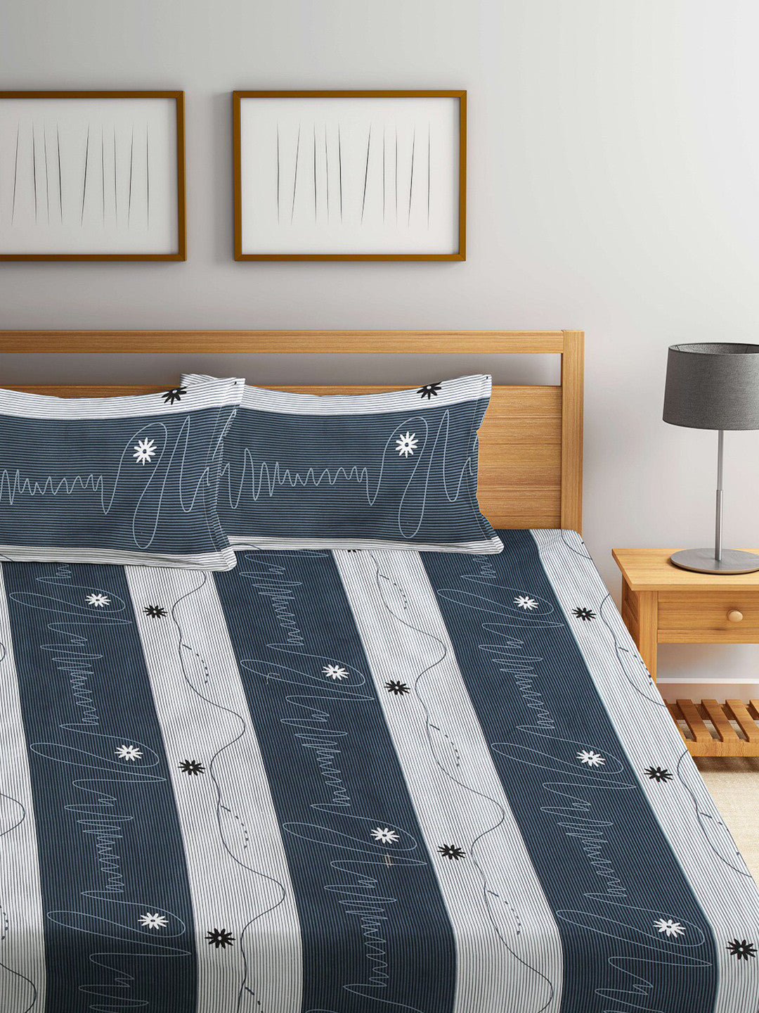 Rangloom Fabrics Blue Striped Cotton 300 TC King Fine Bedsheet with 2 Pillow Covers