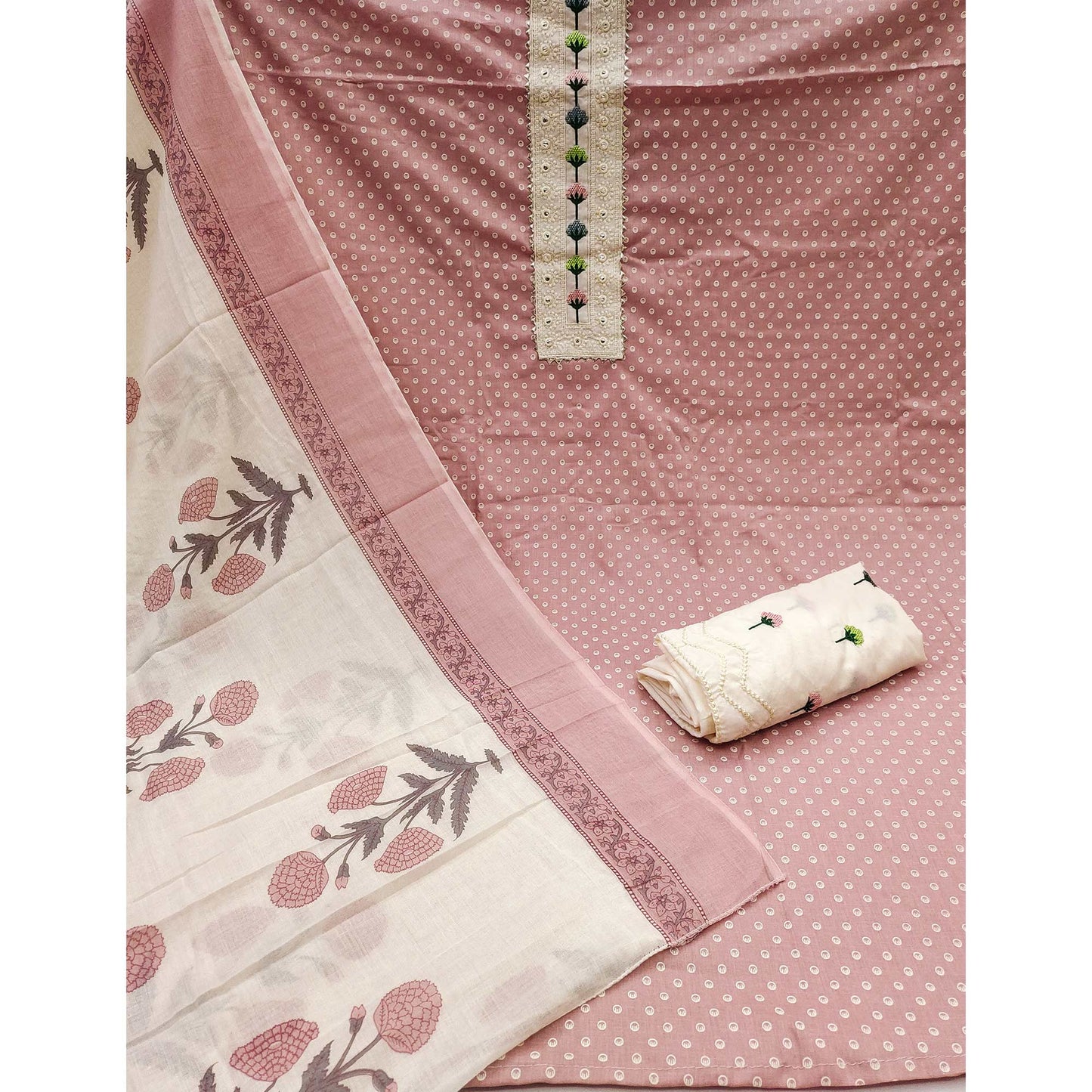 Dusty Pink Pure Cotton Dress Material with Timeless Polka Design Print Design