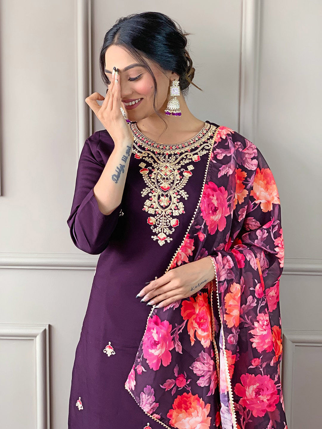 Rani Raiment Turquoise Blue Floral Embroidered Regular Thread Work With Trousers & Dupatta