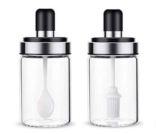 Transparent Glass Food Storage Jar with Brush for Ghee, Butter, Oil dipper Seasoning Bottle Jar -Set of 2 (250ml Each)