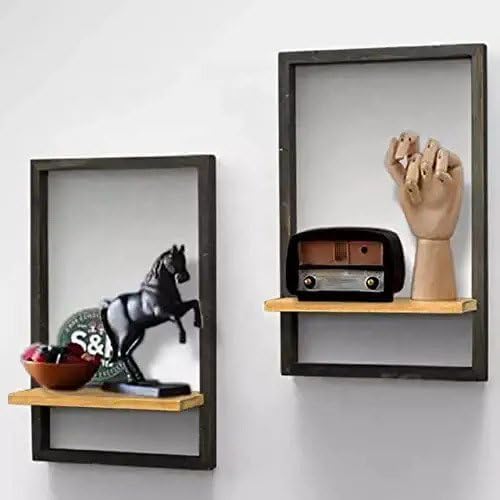 Wooden Floating Wall Shelf  for Bedroom Wooden Frame Shelves Set of 2 15x10 Inches Black