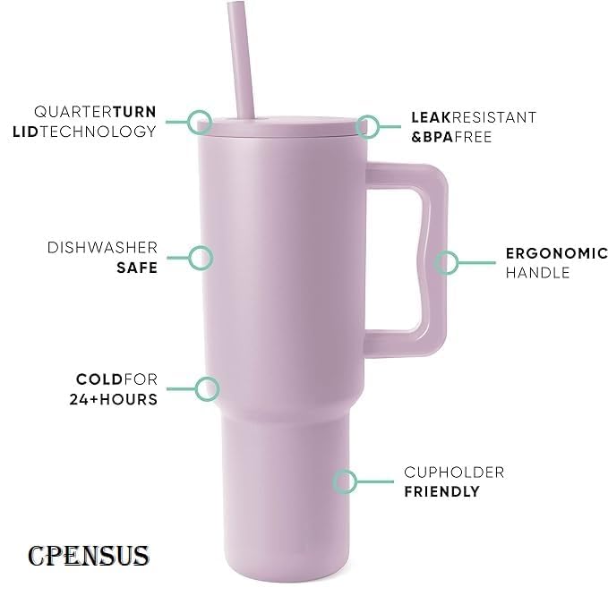 Double Insulated Tumbler with Handle & Straw Lid 40oz (Purple)