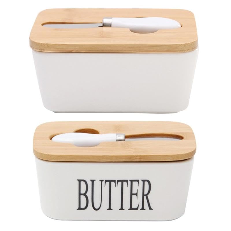Ceramic Butter Dish with Wooden Lid with Steal Butter Knife, Bamboo Cover and Silicone Sealing Ring (White)