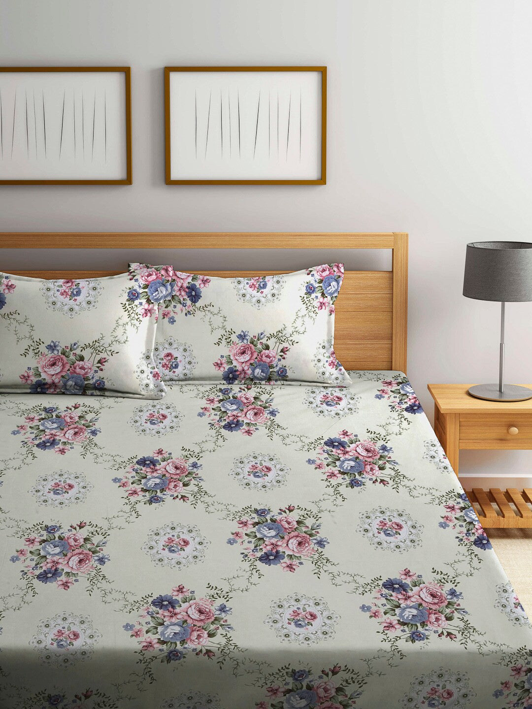 Rangloom Fabrics White Floral Polycotton 300 TC King Fine Bedsheet with 2 Pillow Covers