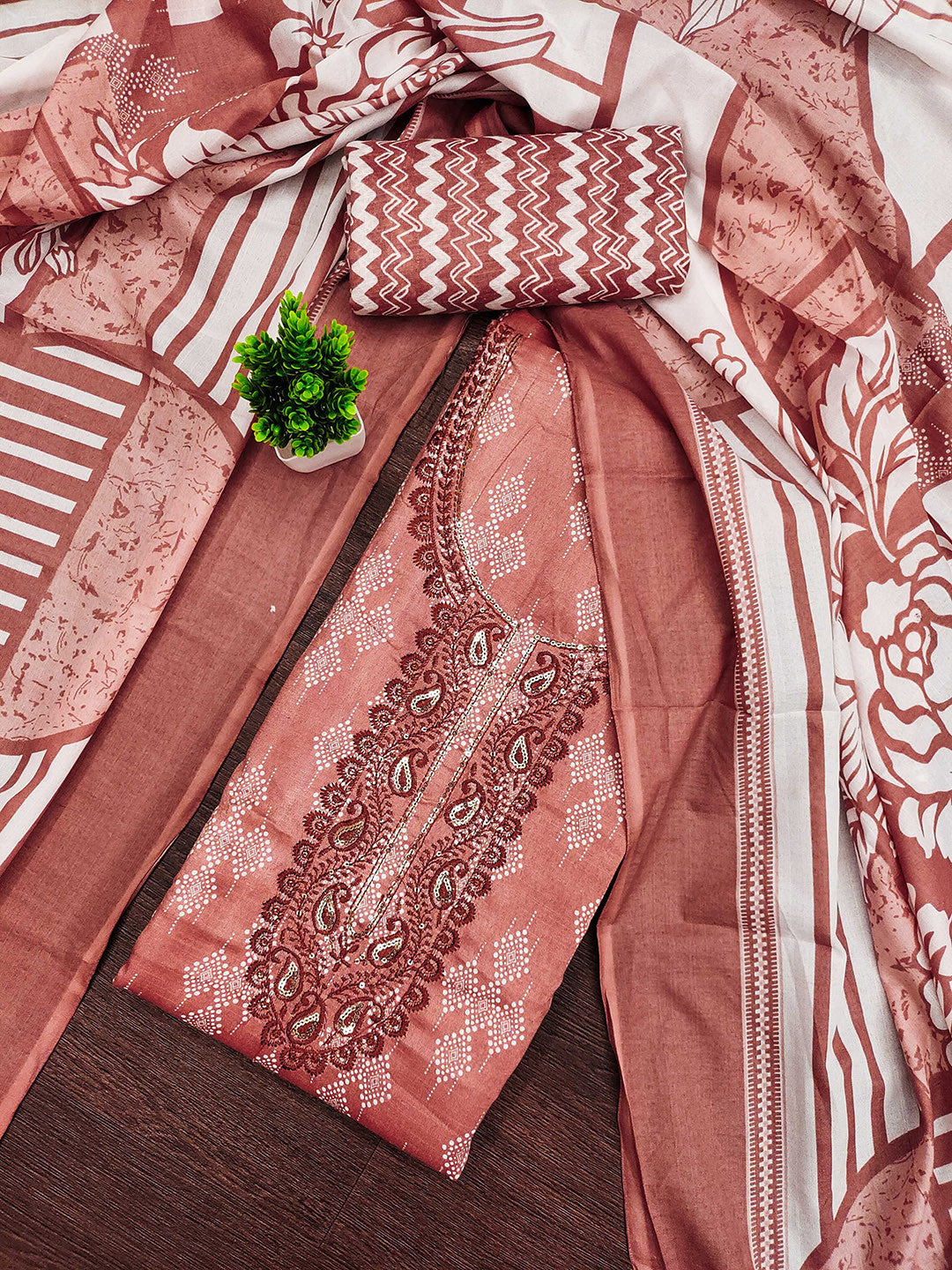 Rani Raiment Embroidered Pure Cotton Sequinned Unstitched Dress Material