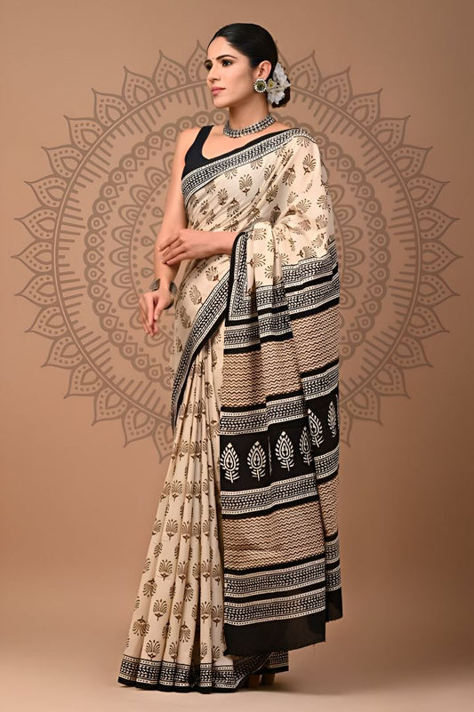 Dawn Blossoms: Hand-Block Printed Cotton Mulmul Saree