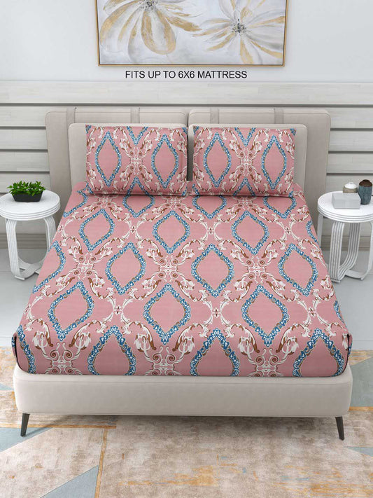Rangloom Fabrics Mansion Pink Geometric Cotton 220 TC Queen Fine Bedsheet with 2 Pillow Covers