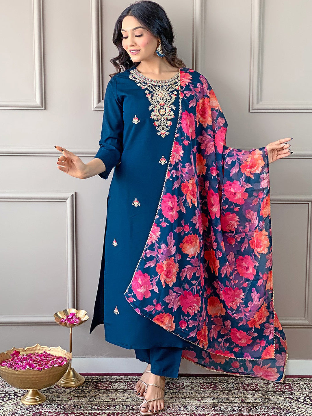 Rani Raiment Turquoise Blue Floral Embroidered Regular Thread Work With Trousers & Dupatta