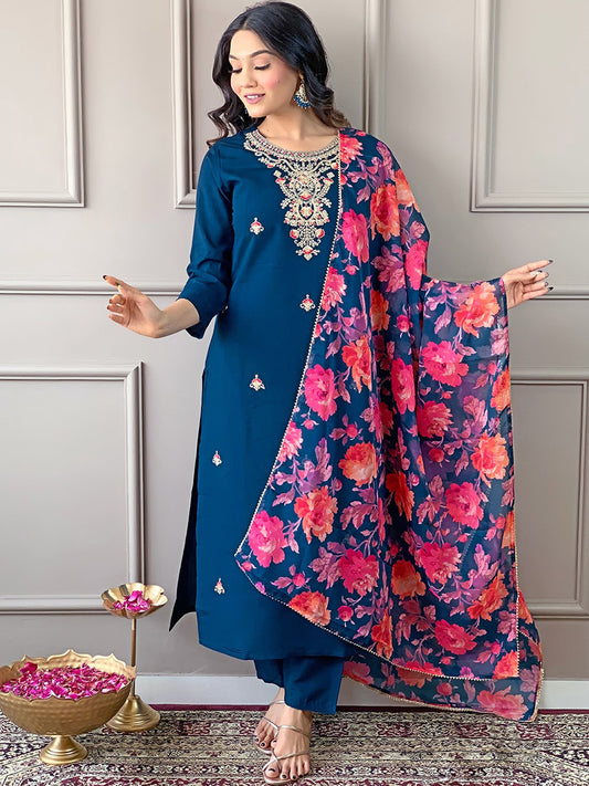 Rani Raiment Turquoise Blue Floral Embroidered Regular Thread Work With Trousers & Dupatta