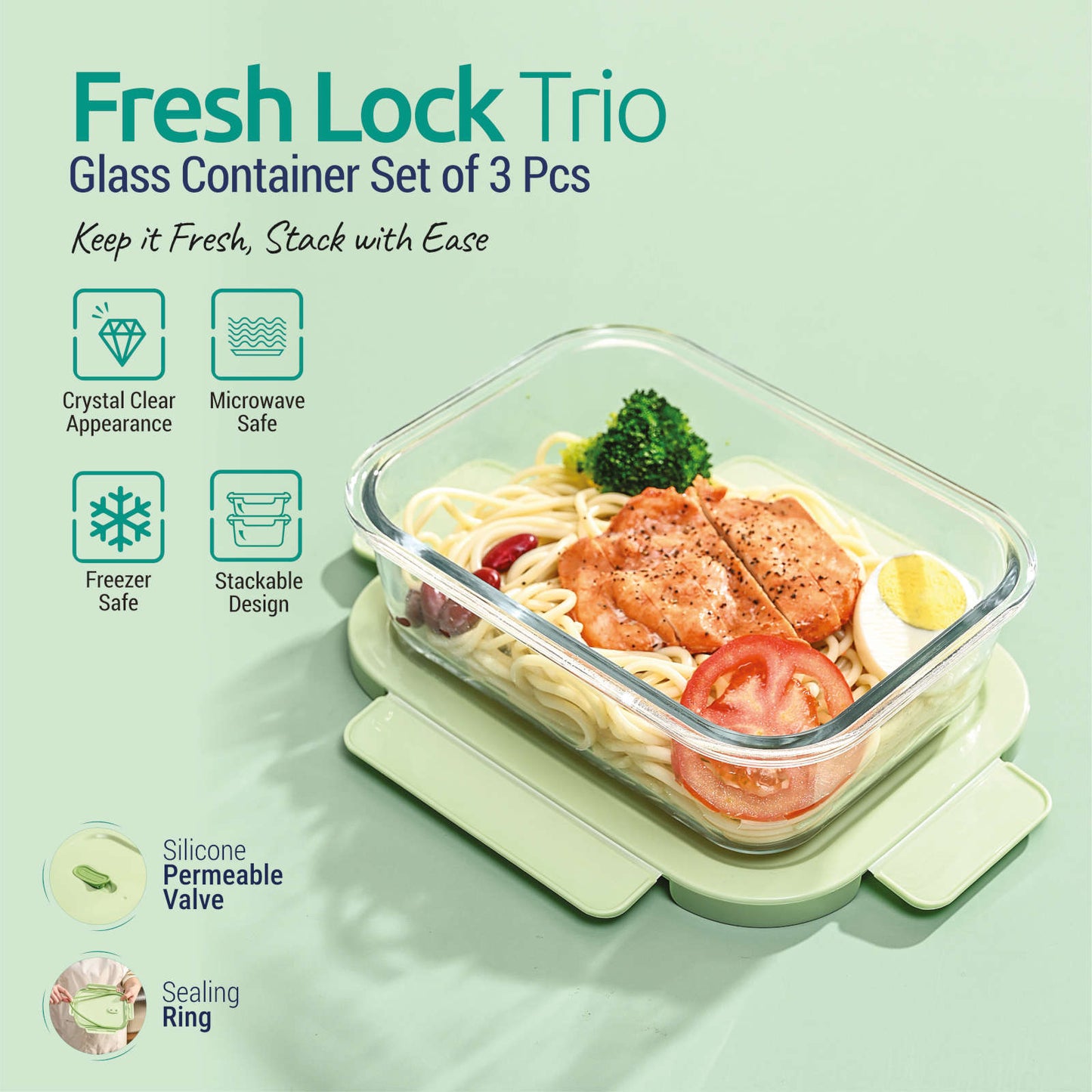Glass Airtight Container Set for Food Storage - Leak Proof (Small, Medium, Large) (Pack of 3)
