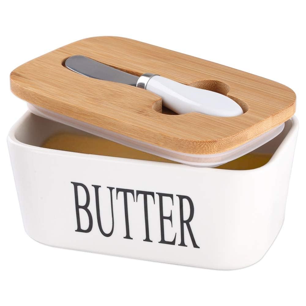Ceramic Butter Dish with Wooden Lid with Steal Butter Knife, Bamboo Cover and Silicone Sealing Ring (White)