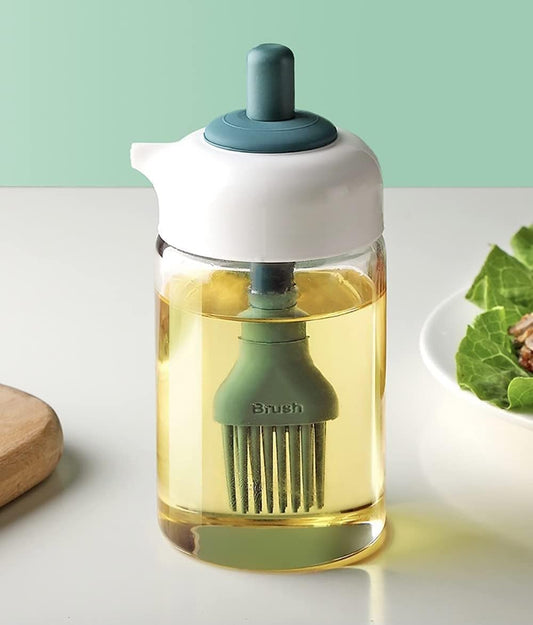 2-in-1 Oil Dispenser Bottle with Silicone Brush | Condiment Jar & Basting Bottle Refillable Oil Container for Kitchen Use – 230ml (Multicolor)
