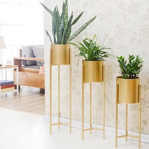 Golden Elegance Metal Tall Planter Stands with Pots  – Set of 3
