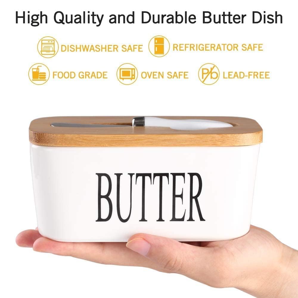 Ceramic Butter Dish with Wooden Lid with Steal Butter Knife, Bamboo Cover and Silicone Sealing Ring (White)