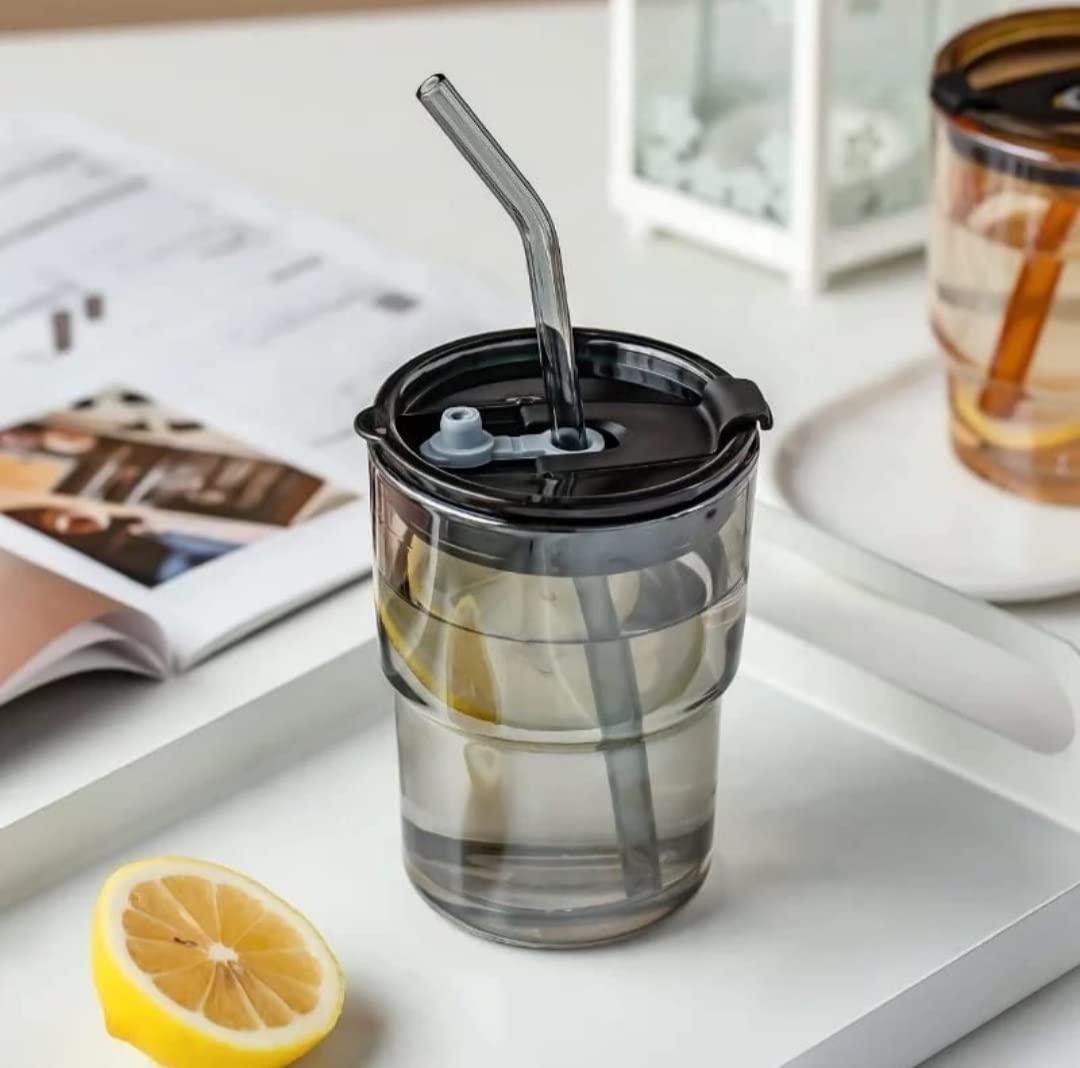 Glass Tumbler Mug with Lid, Straw & Anti-Skid Sleeve 400ml