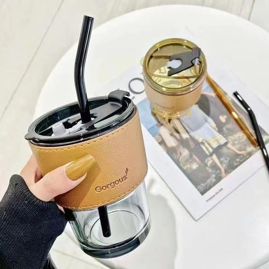 Glass Tumbler Mug with Lid, Straw & Anti-Skid Sleeve 400ml