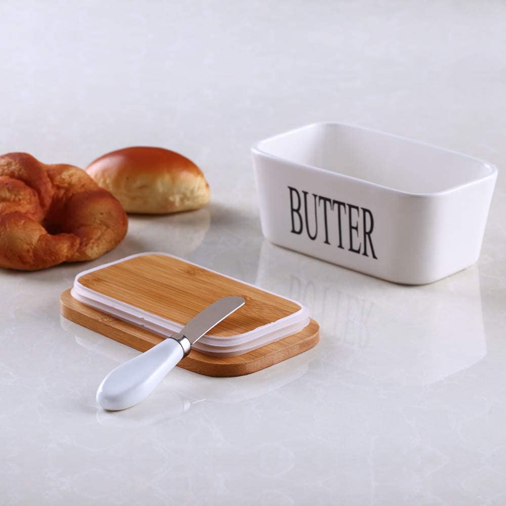 Ceramic Butter Dish with Wooden Lid with Steal Butter Knife, Bamboo Cover and Silicone Sealing Ring (White)