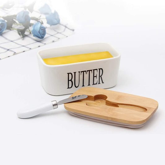 Ceramic Butter Dish with Wooden Lid with Steal Butter Knife, Bamboo Cover and Silicone Sealing Ring (White)