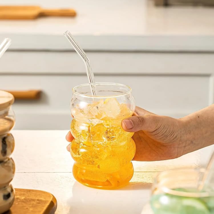Trending Spiral Bubble Glass Tumbler with Wooden Lid & Straw – 500 ml (Pack of 2)