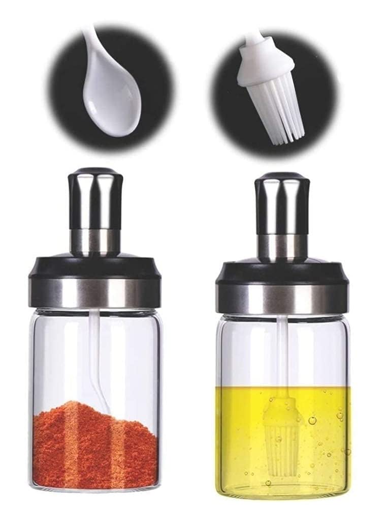 Transparent Glass Food Storage Jar with Brush for Ghee, Butter, Oil dipper Seasoning Bottle Jar -Set of 2 (250ml Each)