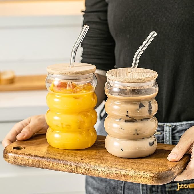 Trending Spiral Bubble Glass Tumbler with Wooden Lid & Straw – 500 ml (Pack of 2)