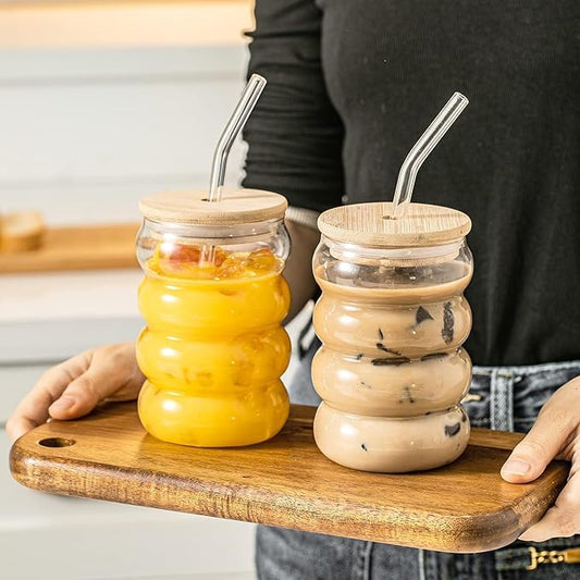 Trending Spiral Bubble Glass Tumbler with Wooden Lid & Straw – 500 ml (Pack of 2)