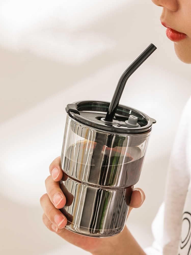 Glass Tumbler Mug with Lid, Straw & Anti-Skid Sleeve 400ml