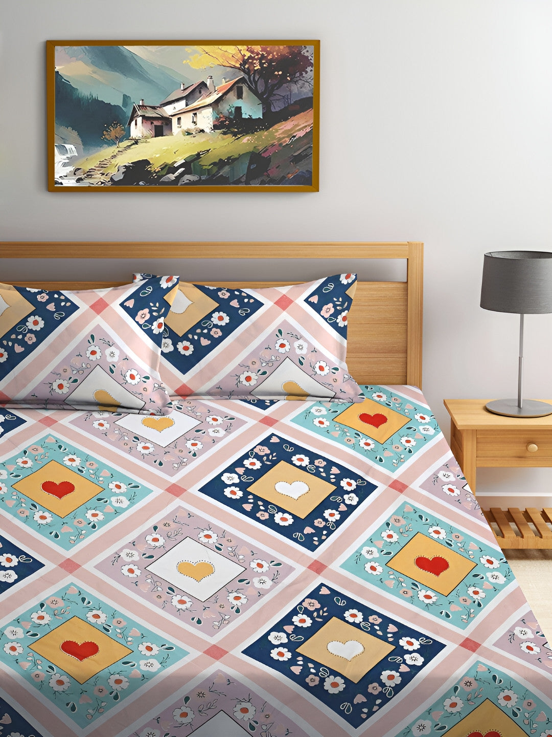 Rangloom Fabrics Yellow Floral Cotton 300 TC King Fine Bedsheet with 2 Pillow Covers