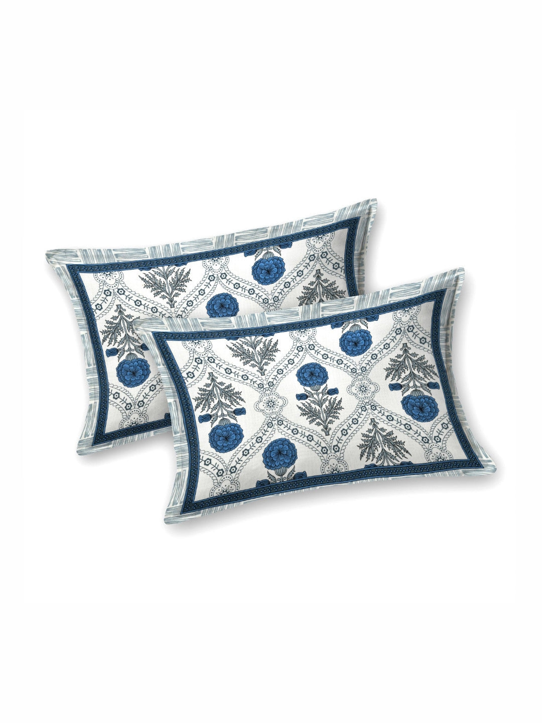 Rangloom Fabrics Blue Floral Pure Cotton 180 TC King Fine Bedsheet with 2 Pillow Covers