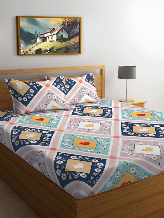 Rangloom Fabrics Yellow Floral Cotton 300 TC King Fine Bedsheet with 2 Pillow Covers