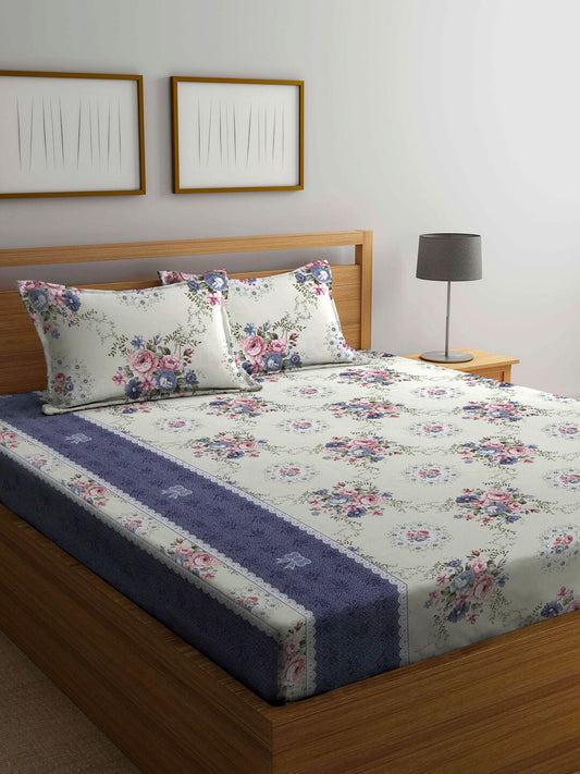 Rangloom Fabrics White Floral Polycotton 300 TC King Fine Bedsheet with 2 Pillow Covers