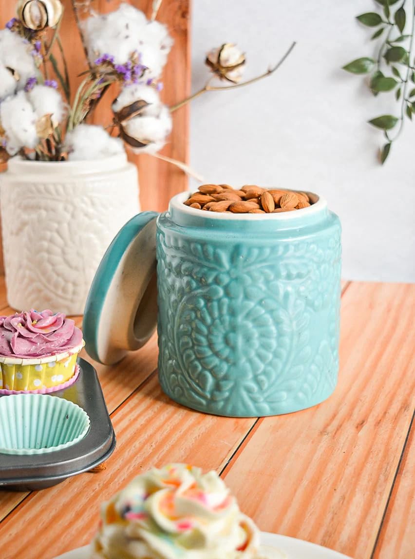Handcrafted Floral Pattern Premium Clay Ceramic Utility Jars for Kitchen Storage | Set of 2
